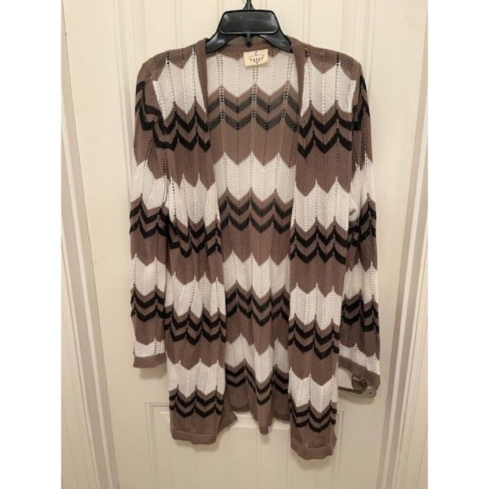 Ember Cardigan Sweater Women's size Medium Chevron Open Knit Brown & White